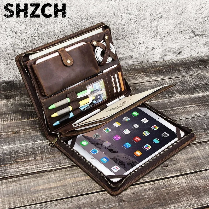 Tablet Tech Accessories - กระเป๋าเก็บแท็บเล็ตทำจากหนัง สำหรับ Apple iPad พร้อมช่องใส่ปากกาแบบมีซิป ช่องเก็บสายดาต้าและโทรศัพท์